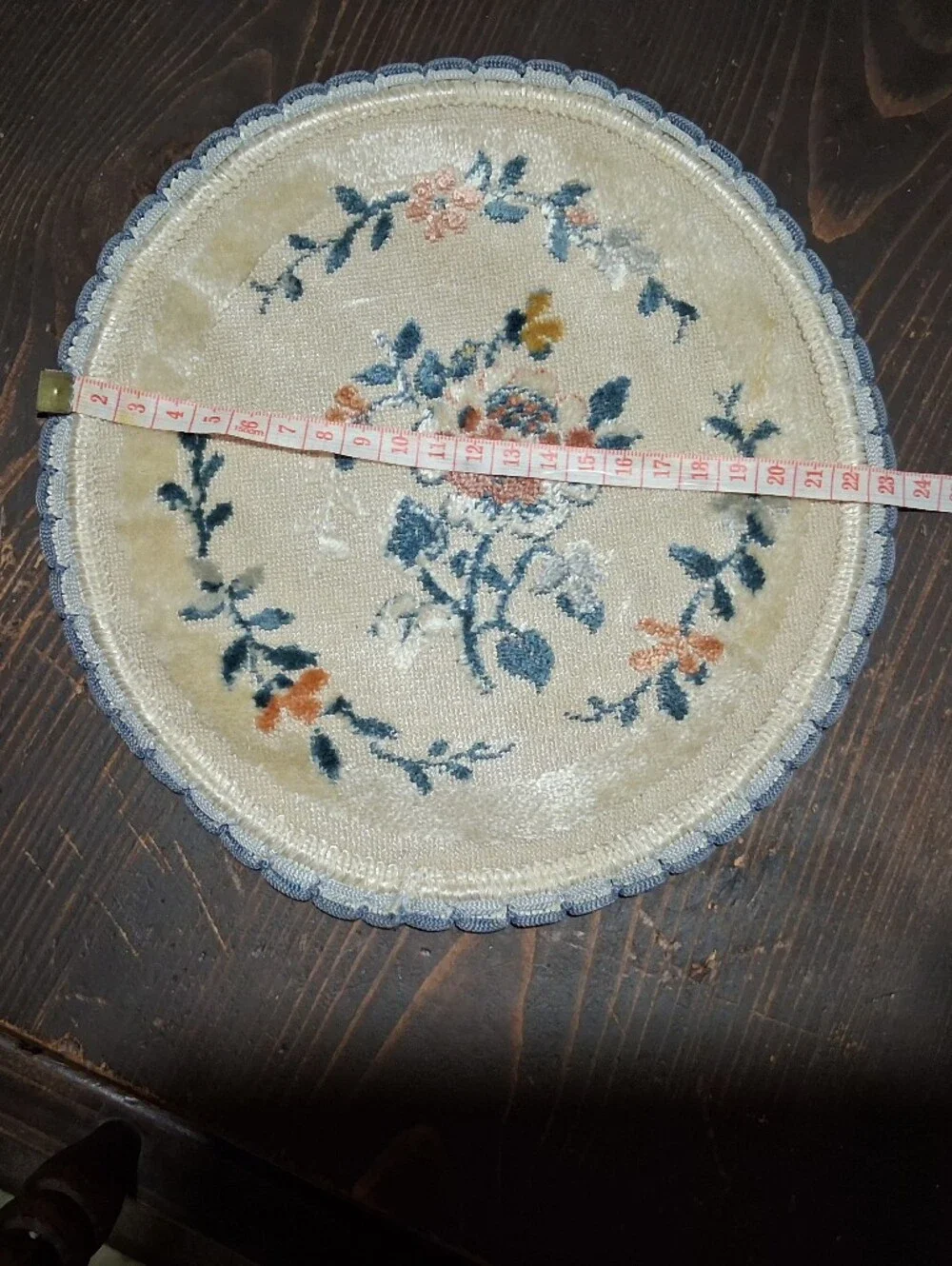 Bose Beige Round Floral Embroidered Placemat with Blue and Peach Accents